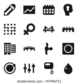 16 vector icon set : pencil, statistic, calendar, bulb head, chip, bridge, houses, ring button, drop