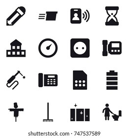 16 vector icon set : pencil, delivery, pass card, cottage, barometer, power socket, intercome, scarecrow, rake, clean  window, toilet cleaning