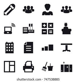 16 vector icon set : pencil, group, woman, notebook wireless, store, calculator, building, table, window, bucket and broom, clean  window