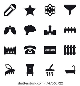 16 vector icon set : pencil, star, atom, funnel, castle, bridge, gothic architecture, phone, welcome mat, fence, wasp, hive, vacuum cleaner, bath