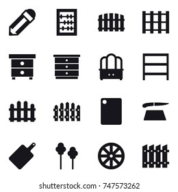 16 vector icon set : pencil, abacus, fence, nightstand, chest of drawers, dresser, rack, cutting board, trees, wheel