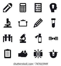 16 vector icon set : pencil, calculator, abacus, bulb head, microscope, electrostatic, school