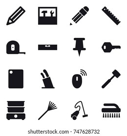 16 vector icon set : pencil, tools, ruler, measuring tape, level, key, cutting board, stands for knives, meat hammer, rake, vacuum cleaner, brush