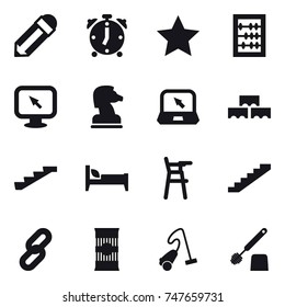 16 vector icon set : pencil, alarm clock, star, abacus, monitor arrow, chess horse, notebook, block wall, stairs, bed, Chair for babies, vacuum cleaner, toilet brush