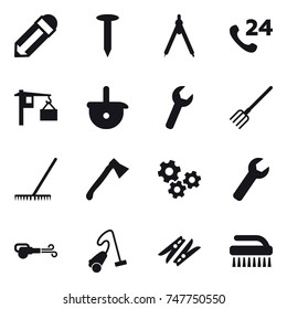 16 vector icon set : pencil, nail, drawing compass, fork, rake, axe, gears, wrench, blower, vacuum cleaner, clothespin, brush