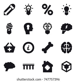 16 vector icon set : pencil, bulb, percent, bulb head, bulb brain, brain, add to basket, info, bridge, smart house