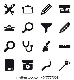 16 vector icon set : pencil wrench, electrostatic, pencil, market scales, scales, magnifier, funnel, construction, level, kitchen scales, sickle, rake