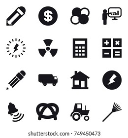 16 vector icon set : pencil, dollar, atom core, presentation, lightning, nuclear, calculator, home, electricity, bell, tractor, rake