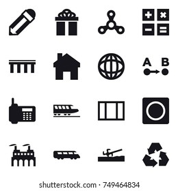 16 vector icon set : pencil, gift, spinner, calculator, bridge, home, train, window, ring button, soil cutter, recycling