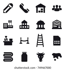 16 vector icon set : pencil, phone, warehouse, group, store, cottage, goverment house, vip fence, stairs, towel, cow, spot