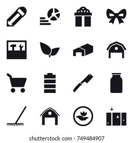 16 vector icon set : pencil, diagram, gift, bow, tools, warehouse, barn, cart, chef knife, rake, ecology, clean  window