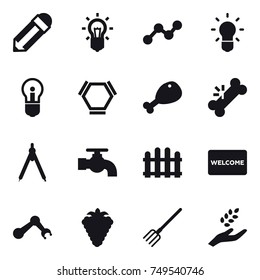 16 vector icon set : pencil, bulb, graph, hex molecule, chicken leg, drawing compass, water tap, fence, welcome mat, berry, fork, harvest