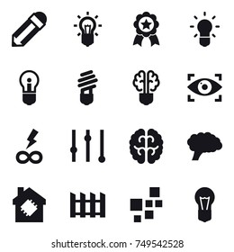 16 vector icon set : pencil, bulb, medal, bulb brain, eye identity, infinity power, equalizer, smart house, fence