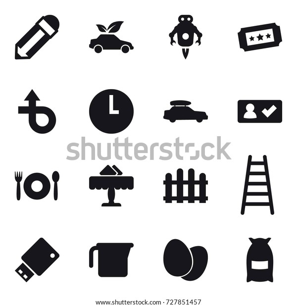 16 vector icon set : pencil, eco car, jet robot,
ticket, car baggage, check in, cafe, restaurant, fence, stairs,
measuring cup, flour