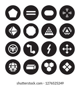 16 vector icon set : Pentagon, Hexagon, Hexahedron, Icosahedron, Intersection, Geometry, Octahedron, Metatron cube, Multiple triangles triangle isolated on black background