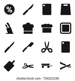 16 vector icon set : percent, cutting board, stands for knives, cook hat, chef  hat, knife, chef knife, scissors, trailer, pruner