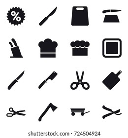 16 vector icon set : percent, cutting board, stands for knives, cook hat, chef  hat, knife, chef knife, scissors, axe, trailer, pruner