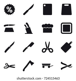 16 vector icon set : percent, cutting board, stands for knives, chef  hat, knife, chef knife, scissors, axe, trailer, pruner
