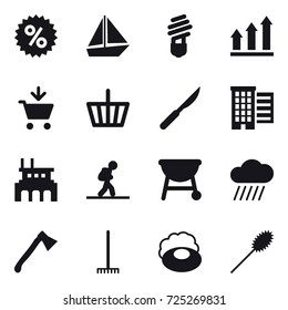 16 vector icon set : percent, boat, bulb, graph up, add to cart, basket, houses, factory, tourist, rain cloud, axe, rake, soap, duster