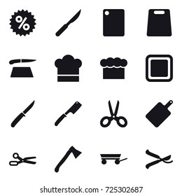 16 vector icon set : percent, cutting board, cook hat, chef  hat, knife, chef knife, scissors, axe, trailer, pruner