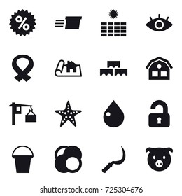 16 vector icon set : percent, delivery, sun power, project, block wall, house, starfish, drop, unlocked, bucket, sickle, pig