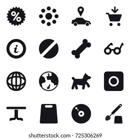 16 vector icon set : percent, round around, car pointer, add to cart, info, earth, dog, ring button, table, cutting board, toilet brush