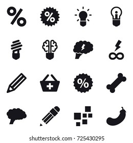 16 vector icon set : percent, bulb, bulb brain, brain, infinity power, pencil, add to basket, eggplant