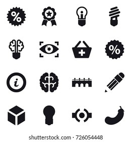 16 vector icon set : percent, medal, bulb, bulb brain, eye identity, add to basket, info, bridge, pencil, 3d, eggplant