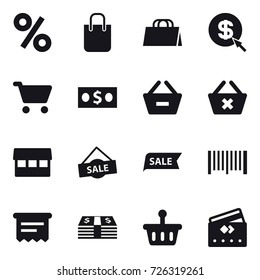 16 vector icon set : percent, shopping bag, dollar arrow, cart, money, remove from basket, delete cart, market, sale, barcode, atm receipt, credit card