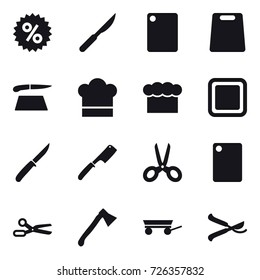 16 vector icon set : percent, cutting board, cook hat, chef  hat, knife, chef knife, scissors, axe, trailer, pruner