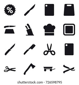 16 vector icon set : percent, cutting board, stands for knives, cook hat, knife, chef knife, scissors, axe, trailer, pruner