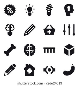 16 vector icon set : percent, bulb, bulb head, bulb brain, pencil, add to basket, equalizer, bridge, 3d, smart house, eggplant
