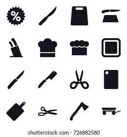 16 vector icon set : percent, cutting board, stands for knives, cook hat, chef  hat, knife, chef knife, scissors, axe, trailer