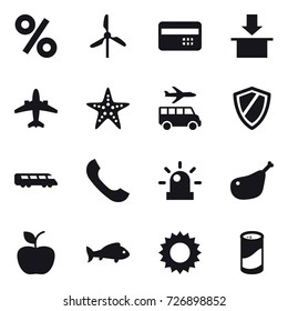 16 vector icon set : percent, windmill, credit card, airplane, starfish, transfer, shield, apple, fish, sun, cleanser powder