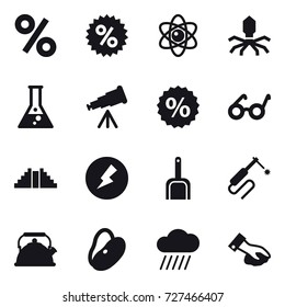 16 vector icon set : percent, atom, virus, flask, telescope, pyramid, electricity, scoop, kettle, rain cloud, wiping