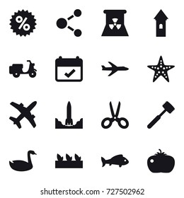 16 vector icon set : percent, molecule, nuclear power, tower, plane, starfish, scissors, meat hammer, goose, seedling, fish, tomato