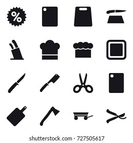 16 vector icon set : percent, cutting board, stands for knives, cook hat, chef  hat, knife, chef knife, scissors, axe, trailer, pruner