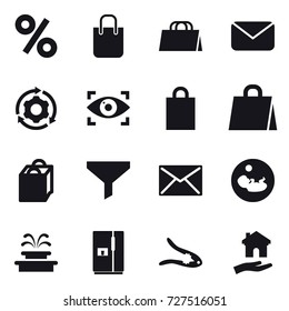 16 vector icon set : percent, shopping bag, mail, around gear, eye identity, funnel, fountain, fridge, walnut crack, housing