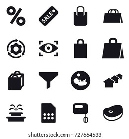 16 vector icon set : percent, sale, shopping bag, around gear, eye identity, funnel, houses, fountain