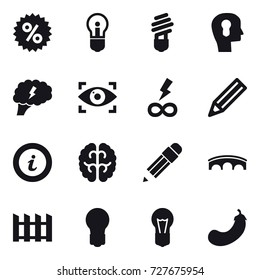 16 vector icon set : percent, bulb, bulb head, brain, eye identity, infinity power, pencil, info, bridge, fence, eggplant