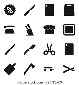 16 vector icon set : percent, cutting board, stands for knives, chef  hat, knife, chef knife, scissors, axe, trailer, pruner