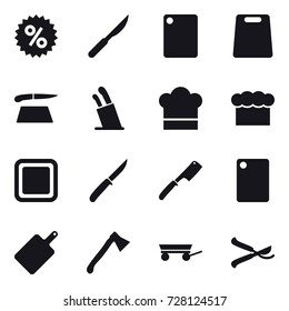 16 vector icon set : percent, cutting board, stands for knives, cook hat, chef  hat, knife, chef knife, axe, trailer, pruner