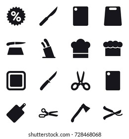 16 vector icon set : percent, cutting board, stands for knives, cook hat, chef  hat, knife, scissors, axe, pruner