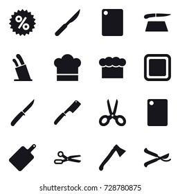 16 vector icon set : percent, cutting board, stands for knives, cook hat, chef  hat, knife, chef knife, scissors, axe, pruner