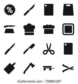 16 vector icon set : percent, cutting board, cook hat, chef  hat, knife, chef knife, scissors, axe, trailer, pruner