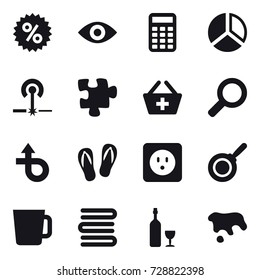 16 vector icon set : percent, eye, calculator, diagram, laser, puzzle, add to basket, flip-flops, power socket, pan, cup, towels, wine, spot