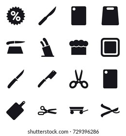 16 vector icon set : percent, cutting board, stands for knives, chef  hat, knife, chef knife, scissors, trailer, pruner