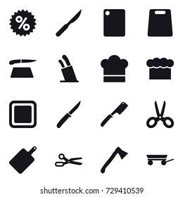 16 vector icon set : percent, cutting board, stands for knives, cook hat, chef  hat, knife, chef knife, scissors, axe, trailer