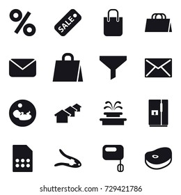 16 vector icon set : percent, sale, shopping bag, mail, funnel, houses, fountain, fridge, walnut crack