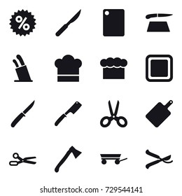 16 vector icon set : percent, cutting board, stands for knives, cook hat, chef  hat, knife, chef knife, scissors, axe, trailer, pruner